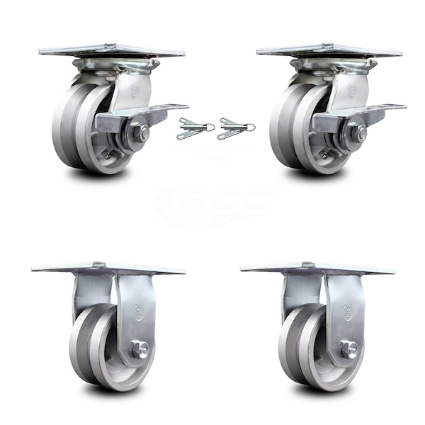4 Inch V Groove Semi Steel Caster Brakes/Swivel Locks and 2 Rigid SCC, 2PK